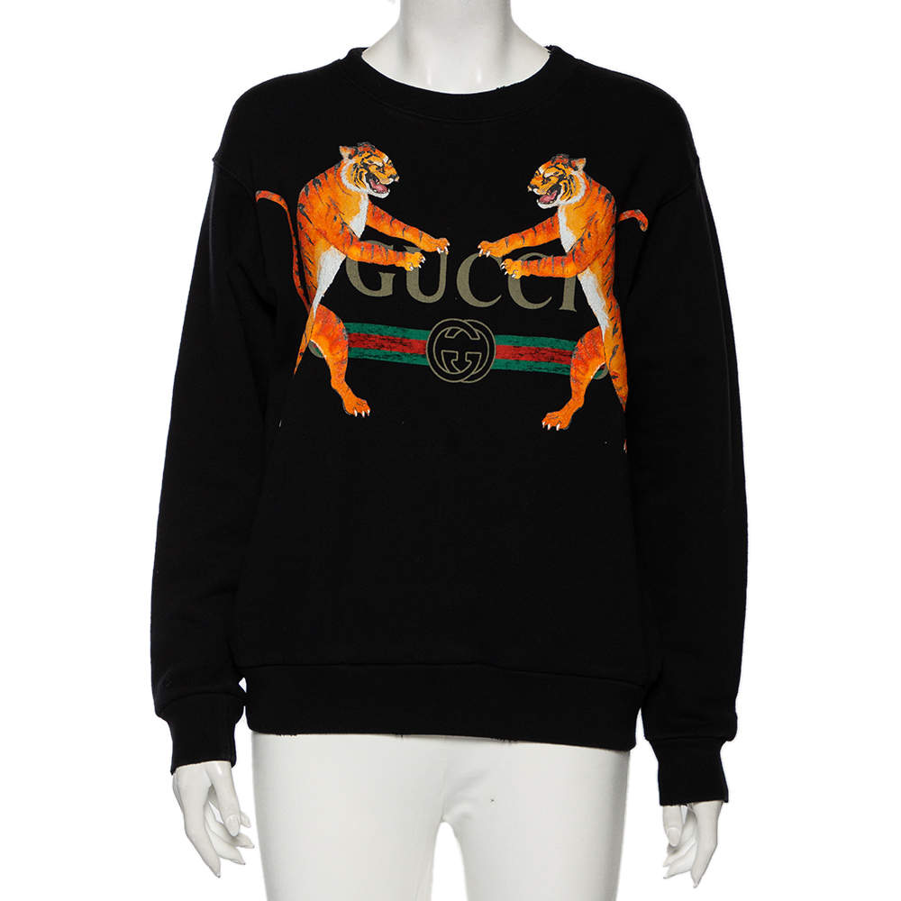 Gucci Black Printed Cotton Distressed Detailed Crew Neck Sweatshirt XS