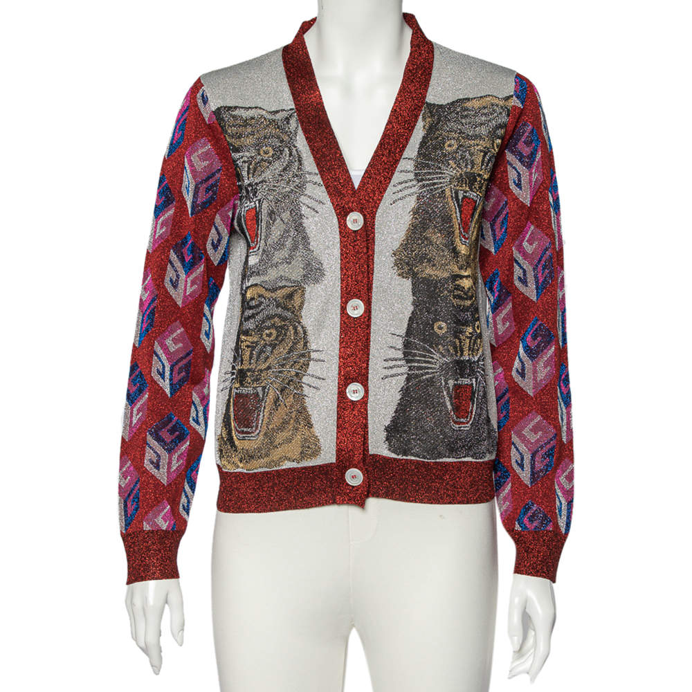 Pre Owned Gucci Multicolor Lurex Knit Button Front V-Neck Cardigan L