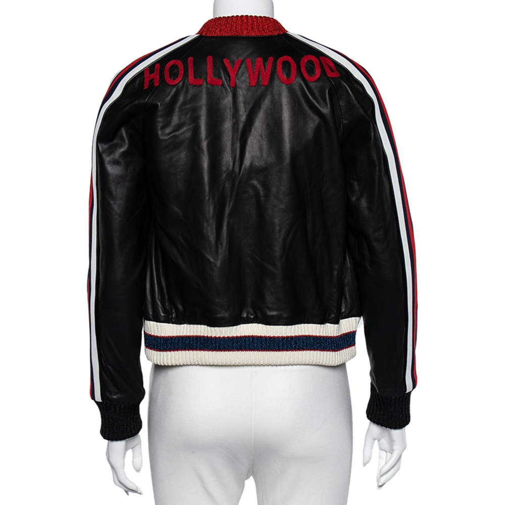 Gucci Black Leather Hollywood Embroidered Bomber Jacket S Gucci