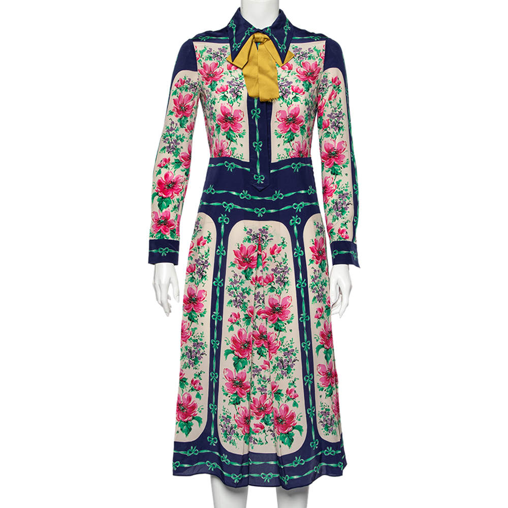 Pre Owned Gucci Blue Rose Print Silk Bow Detail Midi Dress S