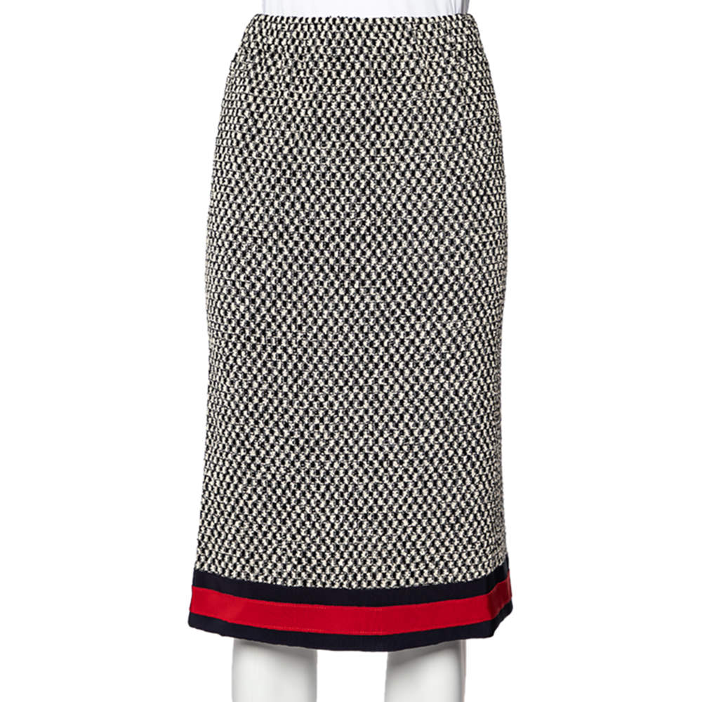 Pre Owned Gucci Black Tweed Web Trim Knee Length Skirt S