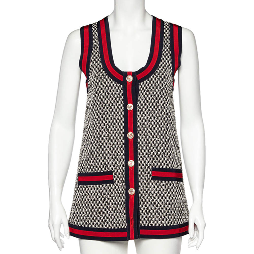 Pre Owned Gucci Monochrome Tweed Contrast Stripe Trim Sleeveless Vest S