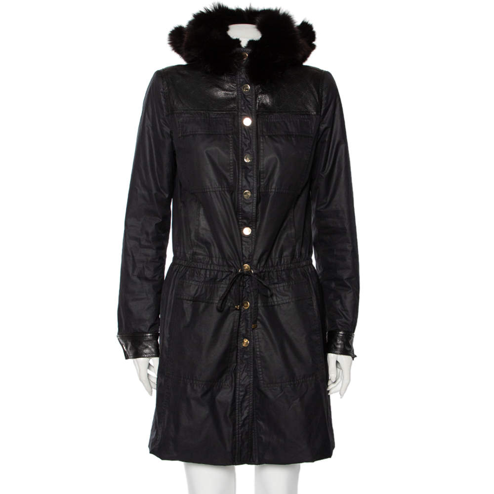 Pre Owned Gucci Black Synthetic & Leather Trimmed Fur Hooded Coat M