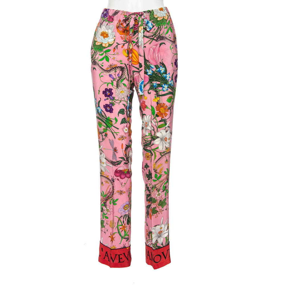 Pre Owned Gucci Pink Floral Snake Printed Silk Drawstring Waist Detailed Pants S