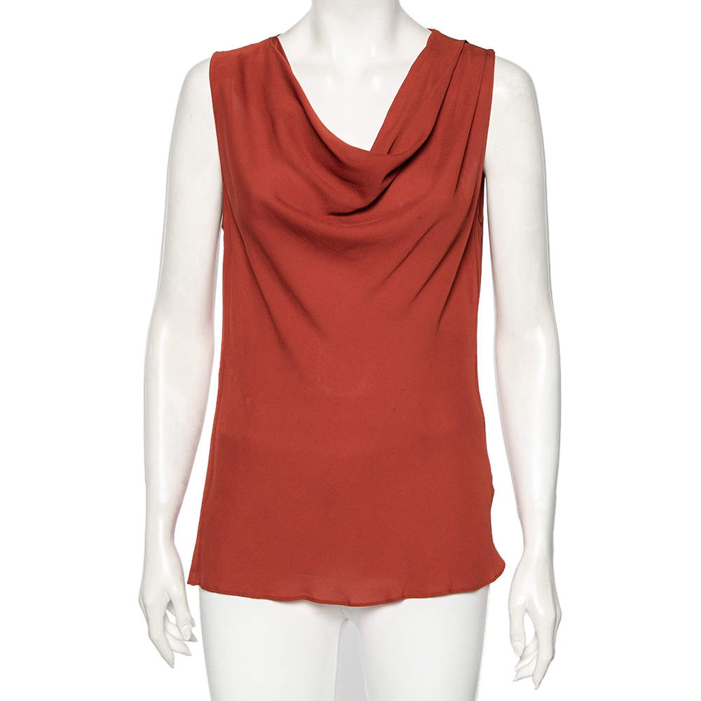 Pre Owned Gucci Burnt Orange Silk Sleeveless Draped Top M