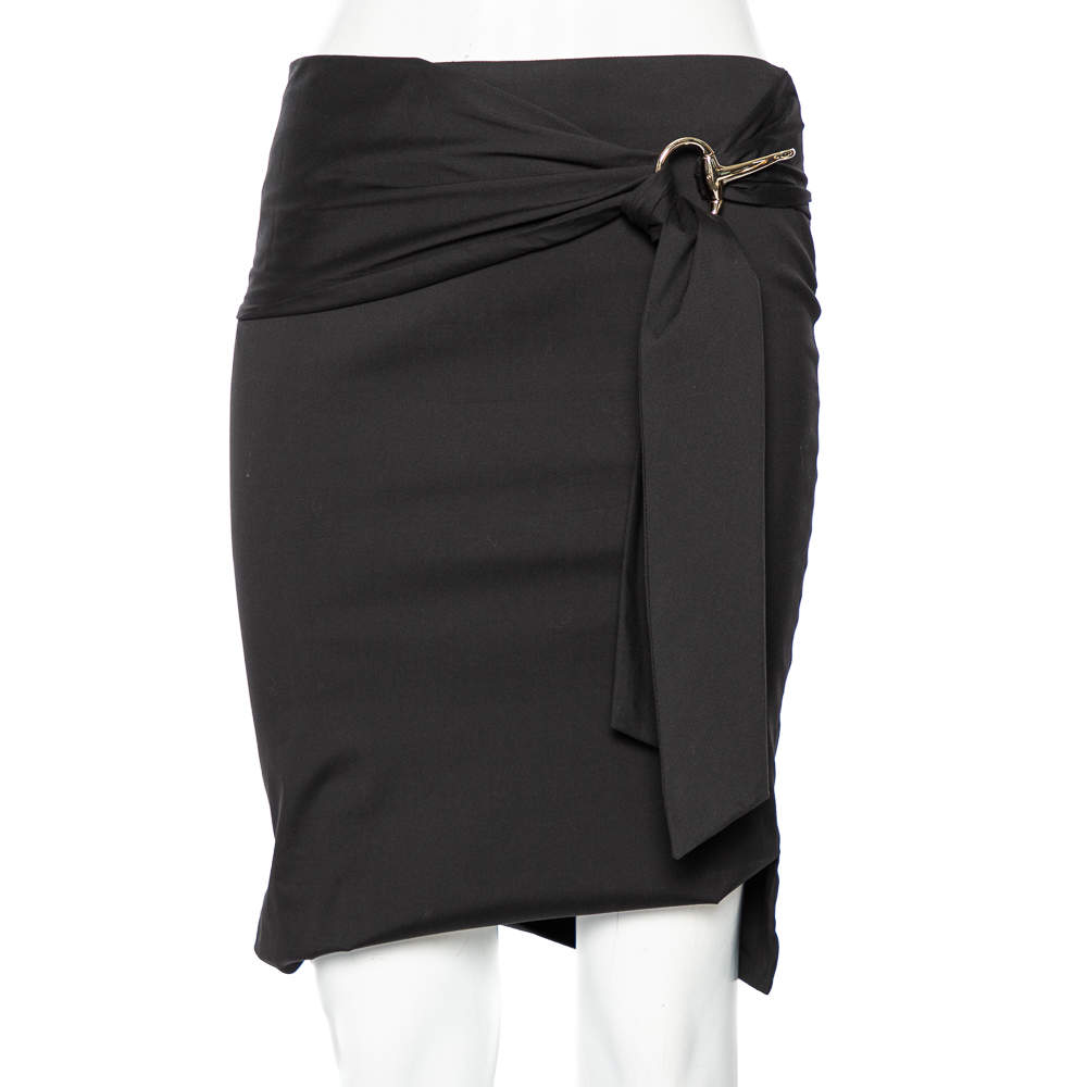 Pre Owned Gucci Black Cotton Waist Tie Detail Knee Length Skirt S