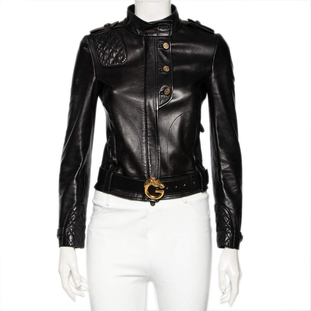Pre Owned Gucci Black Leather Belted Jacket S