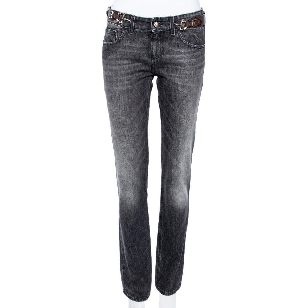 Pre Owned Gucci Grey Washed Denim Buckled Waist Detail Jeans S
