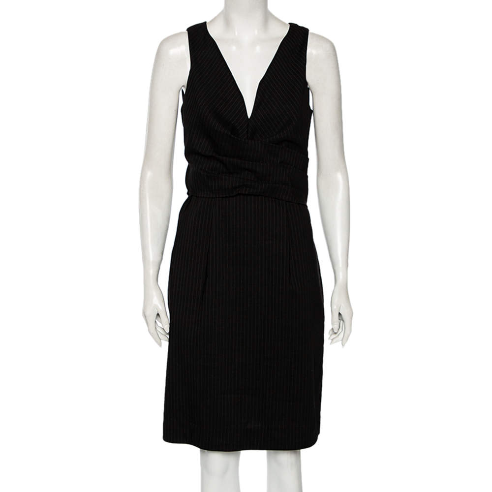 Pre Owned Gucci Black Striped Wool & Linen V-Neck Belted Dress M
