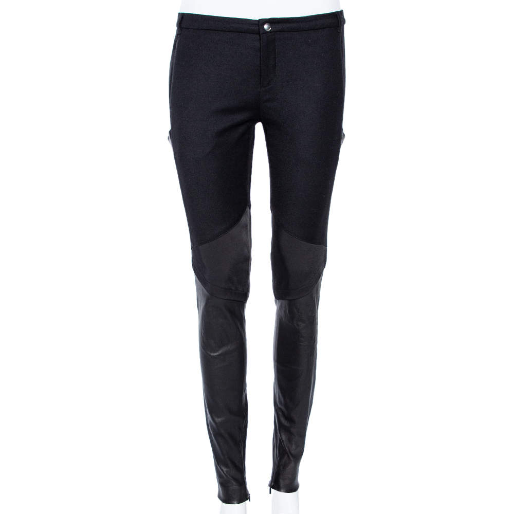 Pre Owned Gucci Black Wool & Leather Zipped Hem Detail Slim Fit Pants M