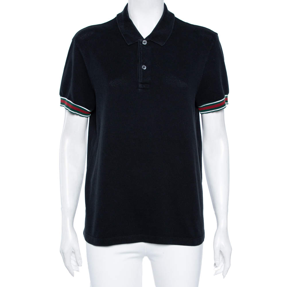 Pre Owned Gucci Black Cotton Pique Web Stripe Trimmed Polo T-Shirt XL
