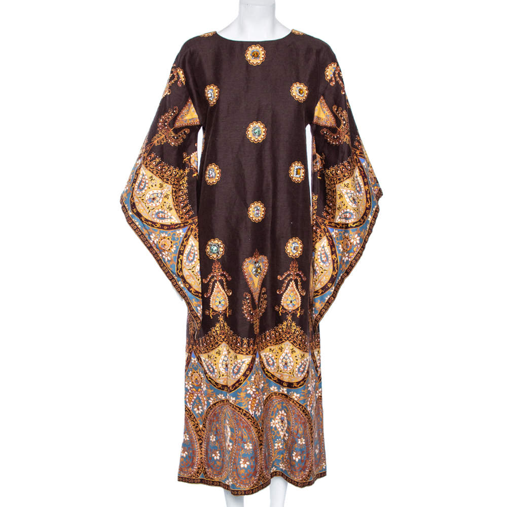 Pre Owned Gucci Brown Paisley Printed & Embellished Detail Linen Dress S 