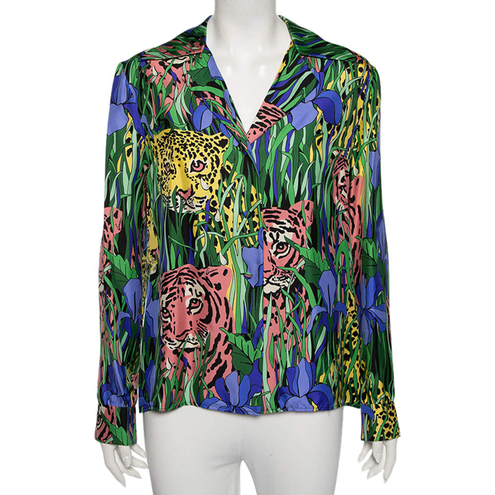 Gucci Multicolor Feline Garden Printed Silk Notch Collar Shirt M