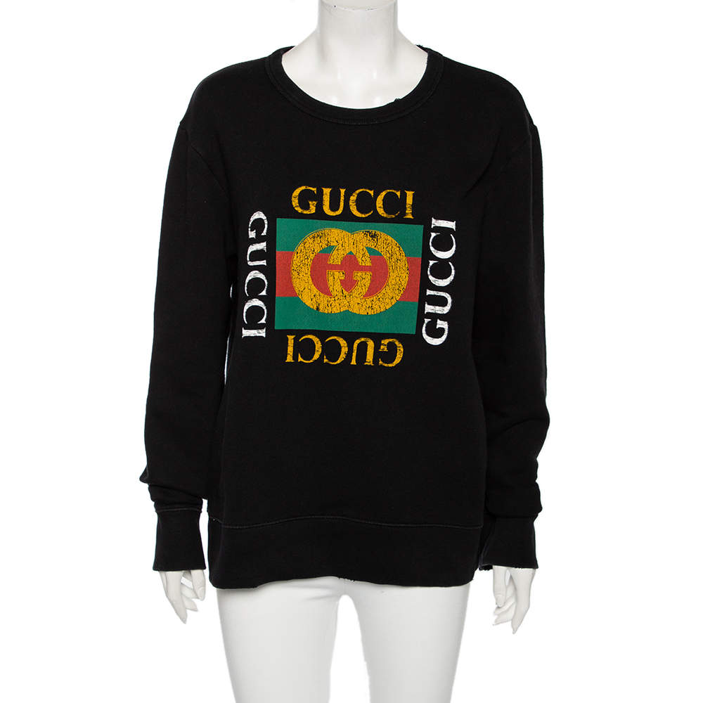 Gucci Black Distressed Cotton Logo Printed Long Sleeve Sweatshirt M ...