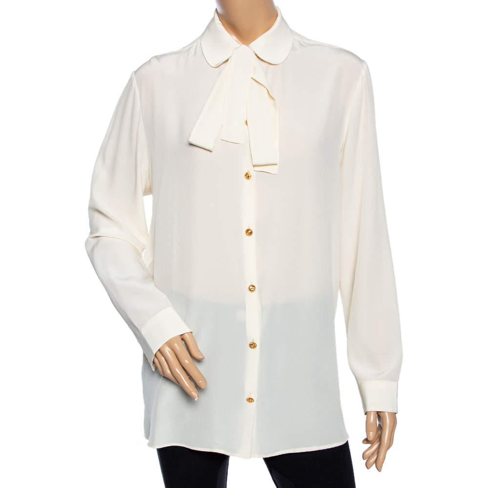 Pre Owned Gucci Cream Silk Button Front Neck Tie Detail Button Front Shirt M