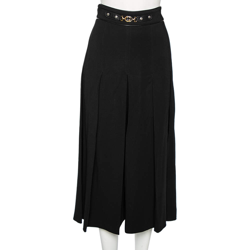 Pre Owned Gucci Black Crepe Horsebit Detailed Pleated Culottes L