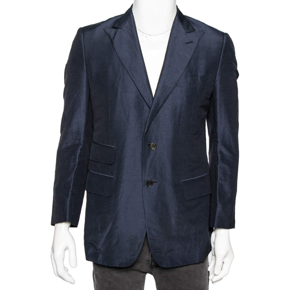 Gucci Navy Blue Linen & Silk Single Breasted Blazer XL 