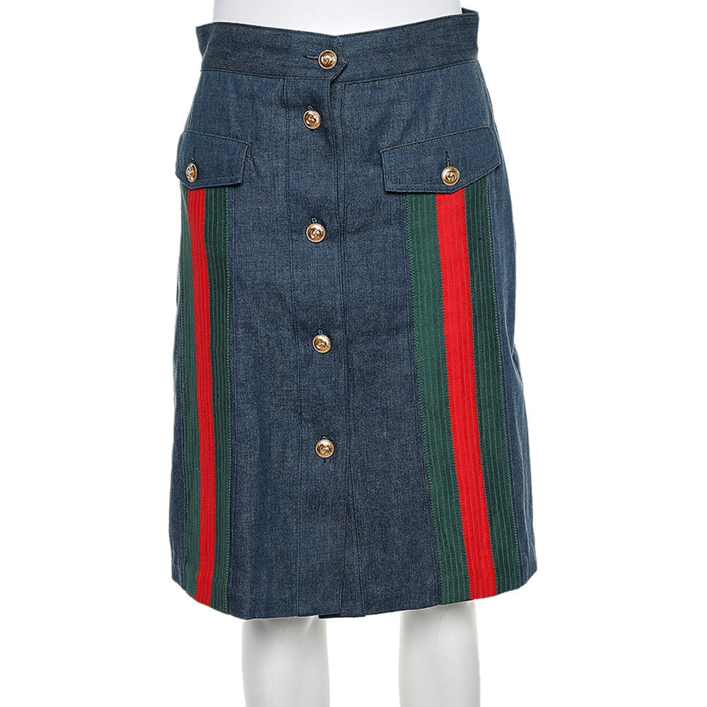 Pre Owned Gucci Blue Denim Web Stripe Trim Detail A-Line Skirt M