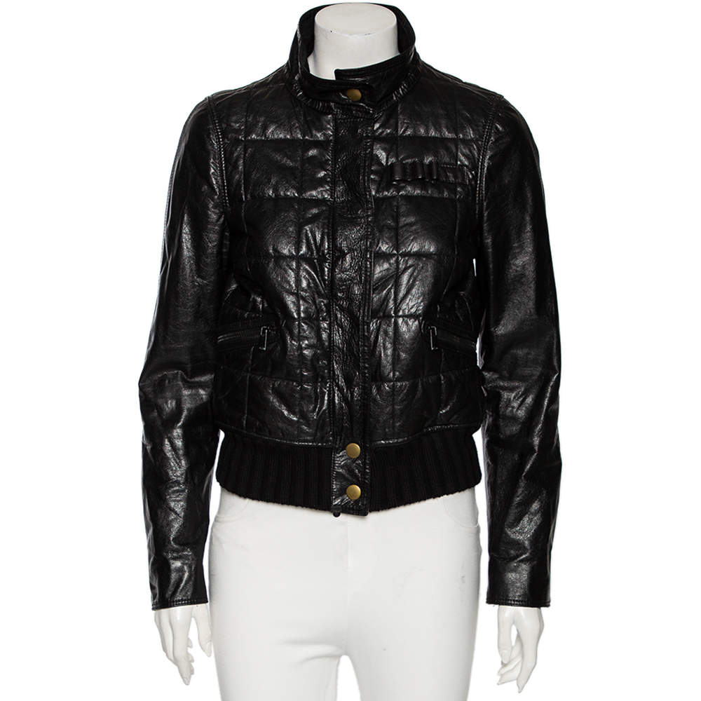 Pre Owned Gucci Black Leather & Wool Trimmed Bomber Jacket M