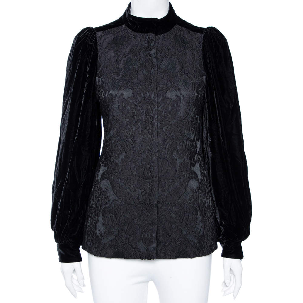 Pre Owned Gucci Black Jacquard Wool & Velvet Balloon Sleeve Button Front Jacket S