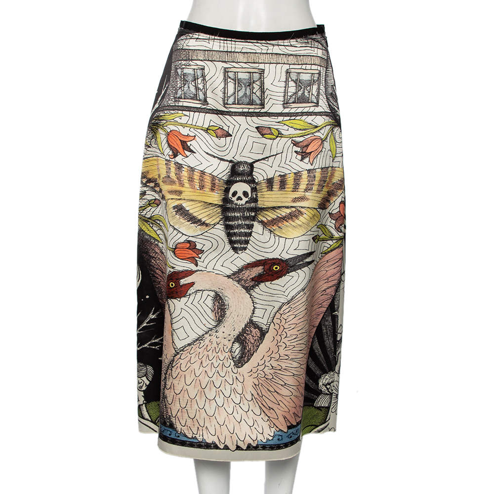 مملوكة مسبقًا Gucci Multicolored Moth Strength Printed Silk Midi Skirt M