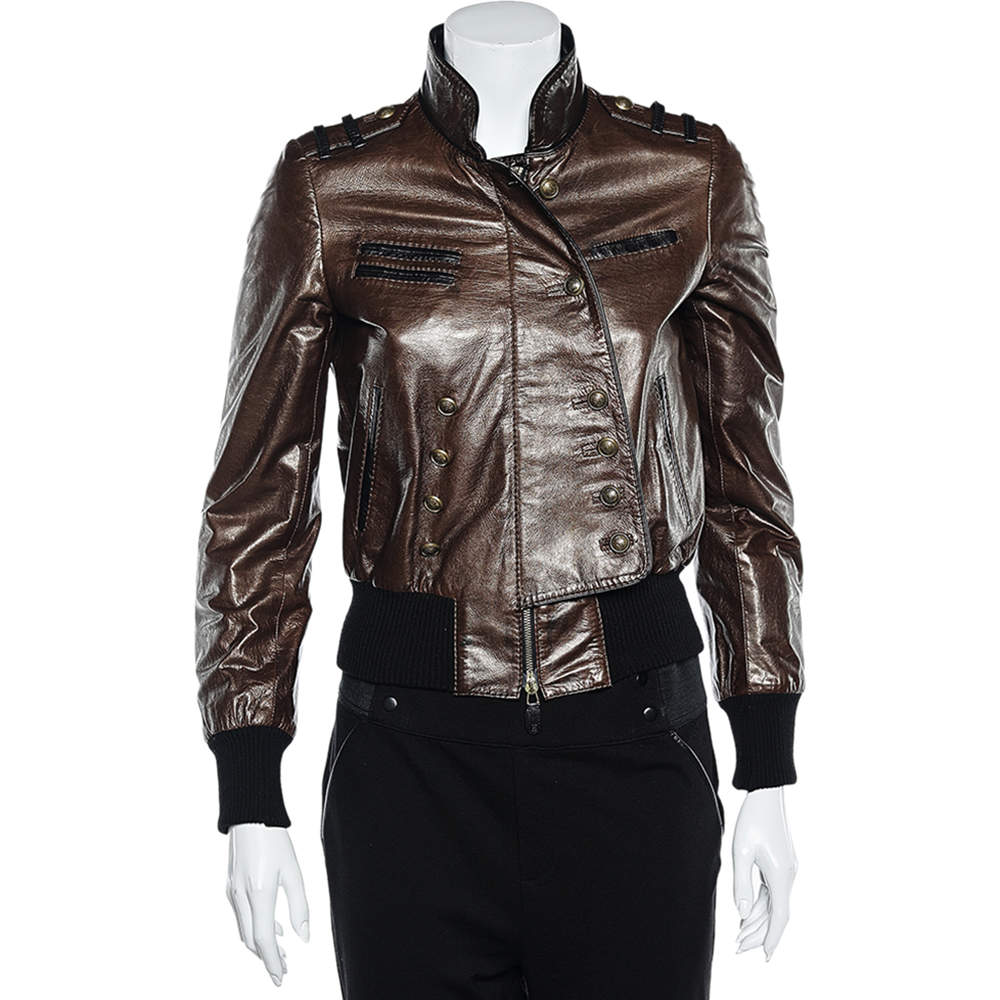 Gucci Brown Leather Stand Collar Zip Front Jacket S