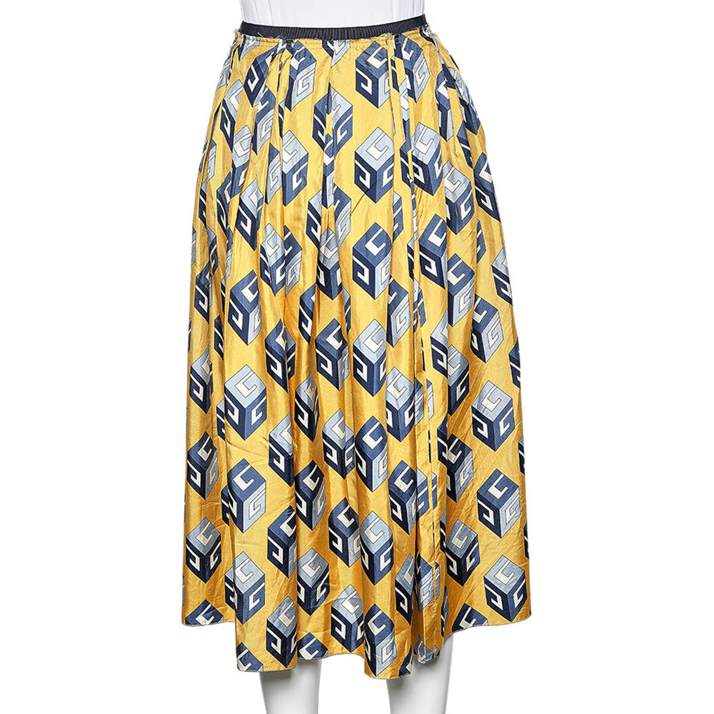 Gucci Yellow Cube Printed Silk Pleated Midi Skirt S