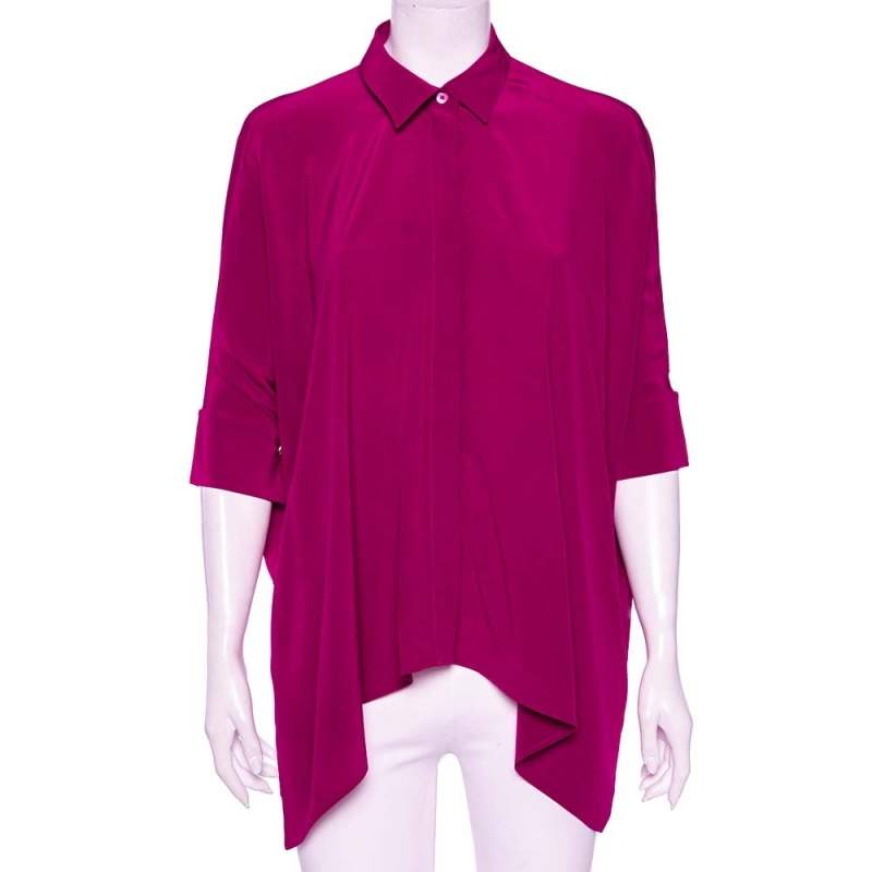 Gucci Magenta Silk Button Front Draped Oversized Blouse XS