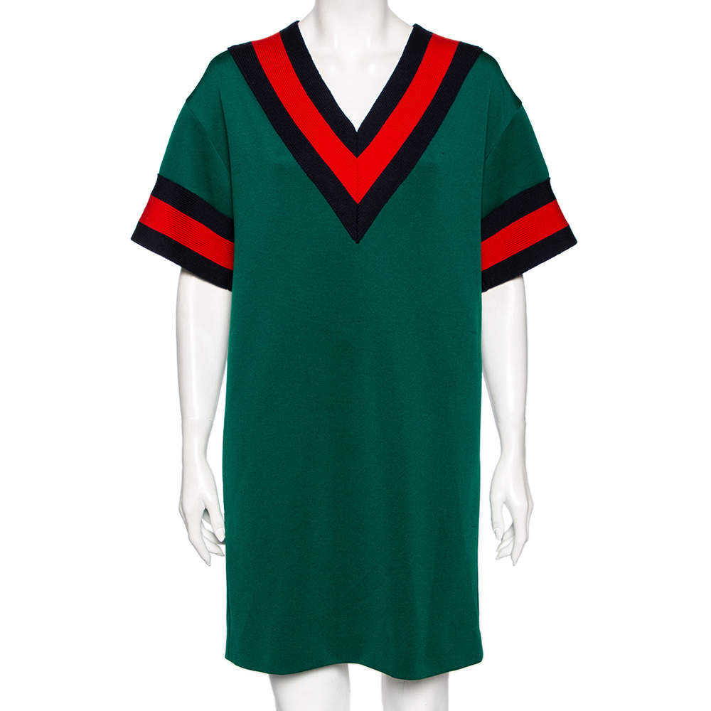 Pre Owned Gucci Green Jersey Web Stripe Trimmed Varsity Mini Dress M 