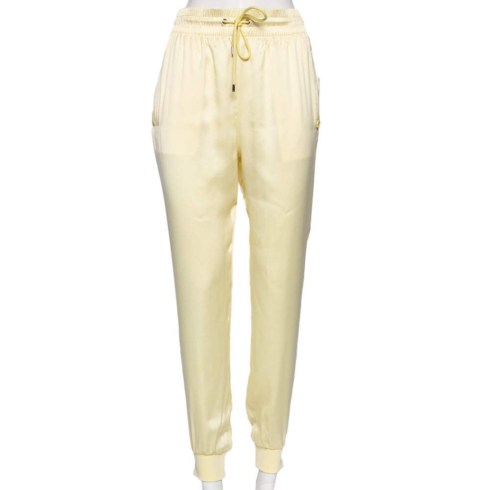 Pre Owned Gucci Yellow Silk Drawstring Detail Jogger Pants L 
