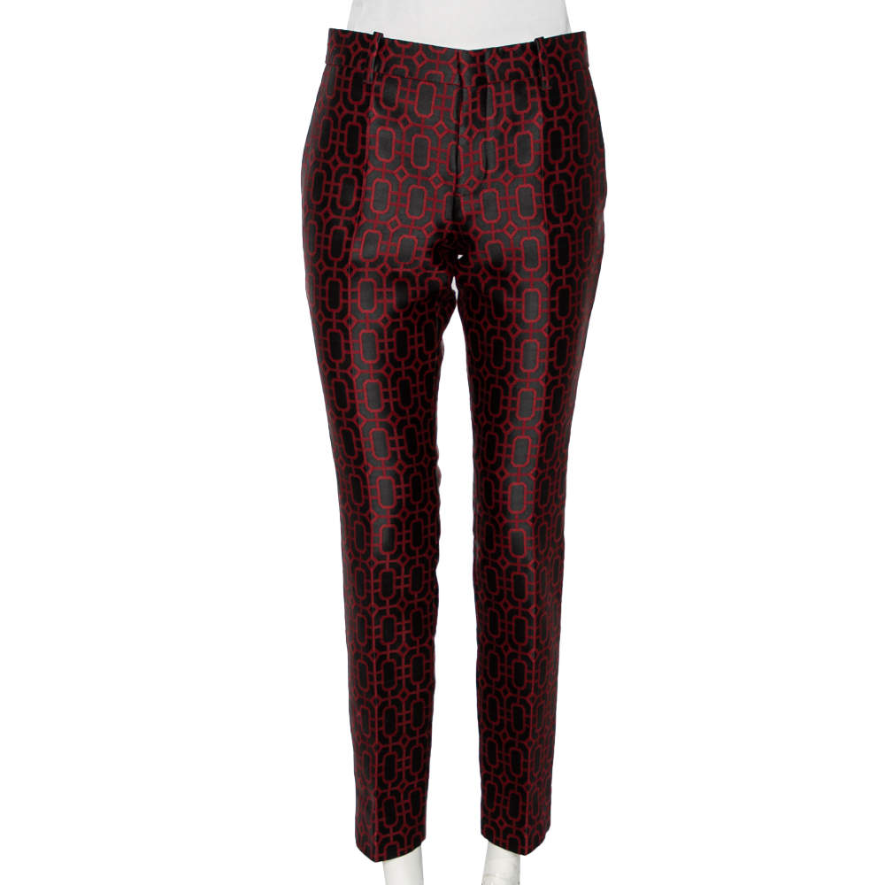 Pre Owned Gucci Black & Red Geometric Jacquard Wool Pants M 