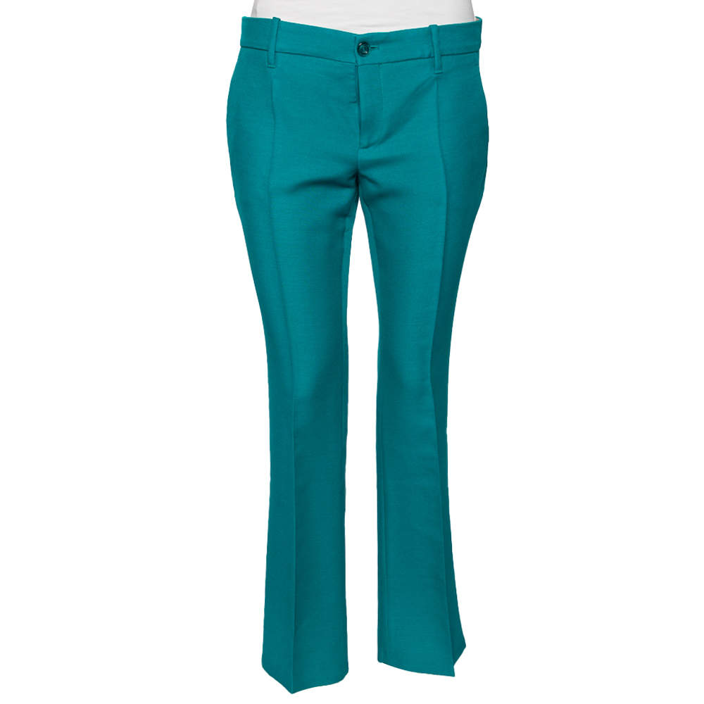 Pre Owned Gucci Teal Blue Silk & Wool Straight Bootcut Pants M 