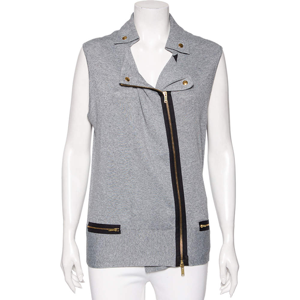 Pre Owned Gucci Grey Cashmere Knit Zip Front Sleeveless Jacket L 