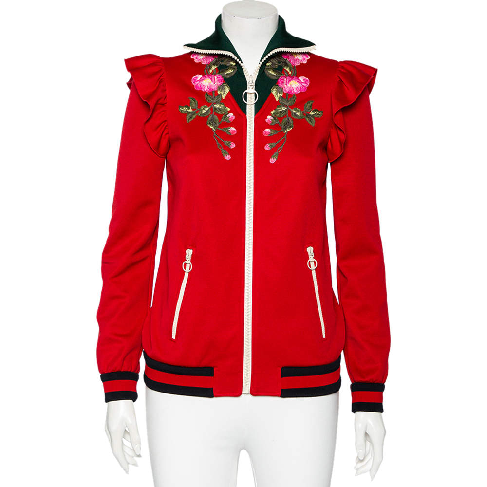 Gucci Red Jersey Floral Embroidered Technical Jacket S