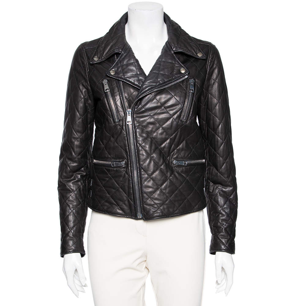 Pre Owned Gucci Black Leather Logo Embellished Zip Front Biker Jacket S