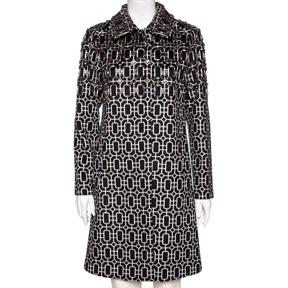 مملوكة مسبقًا Gucci Monochrome Geometric Pattern Embellished Wool Coat M