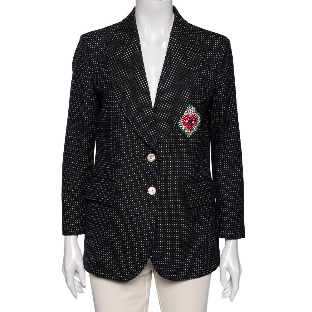 Pre Owned Gucci Black Polka Dot Wool Crystal Embellished Jacket L