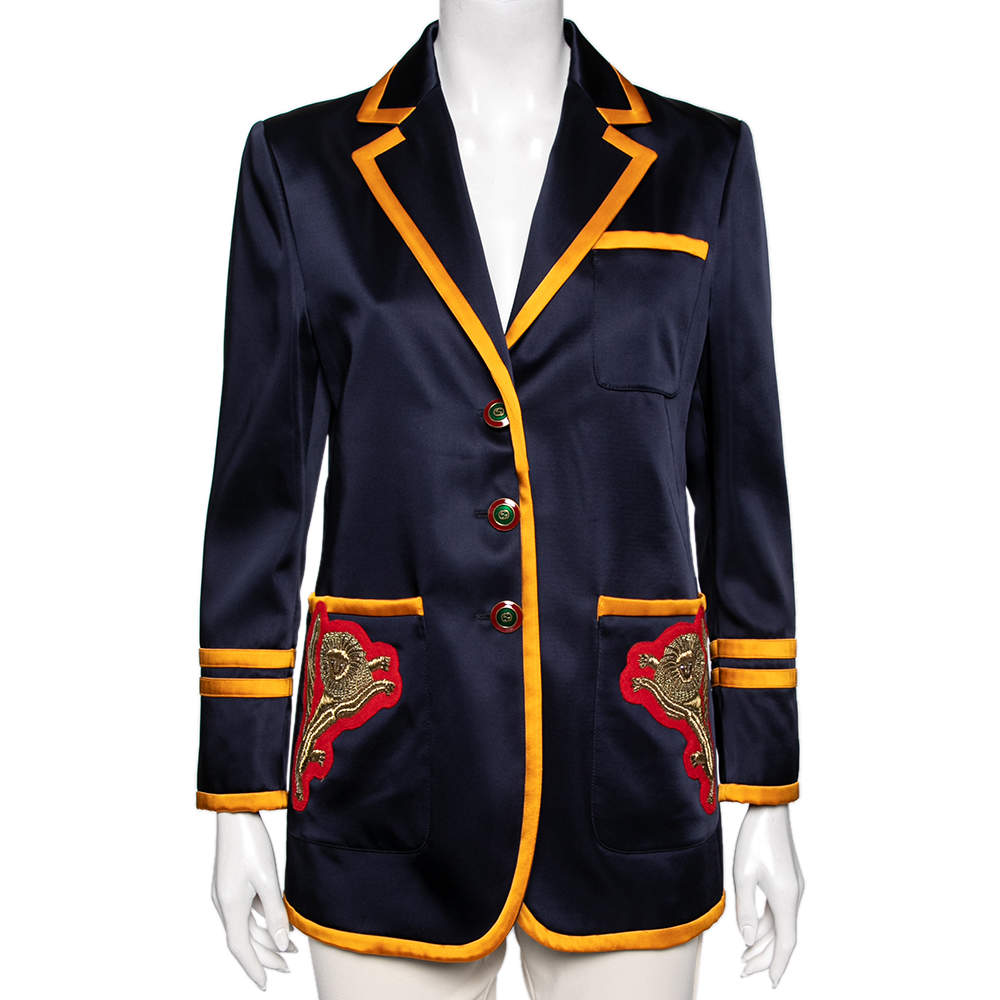 Pre Owned Gucci Navy Blue & Yellow Trimmed Satin Embroidered Long Sleeves Jacket M