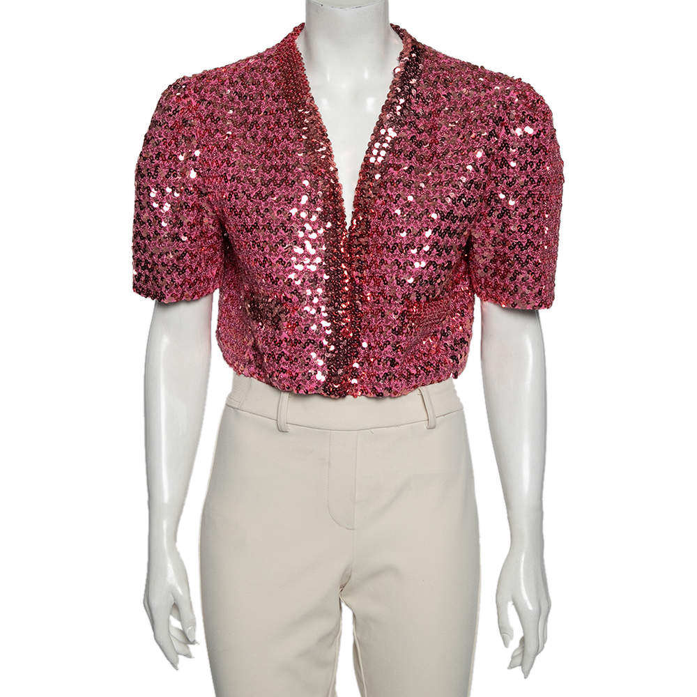 Pre Owned Gucci Pink Lamé & Sequin Embellished Cropped Jacket XXL