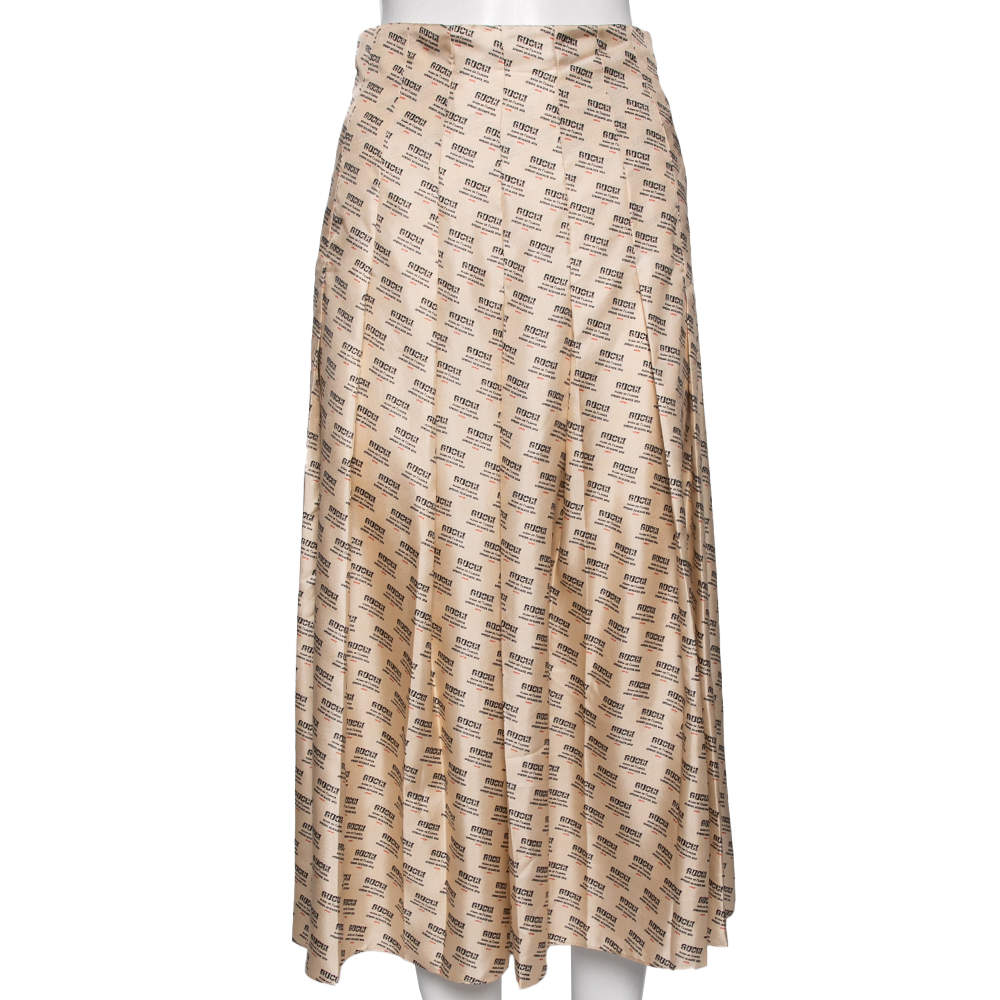 Pre Owned Gucci Beige Invite Stamp Print Silk Pleated Midi Skirt S
