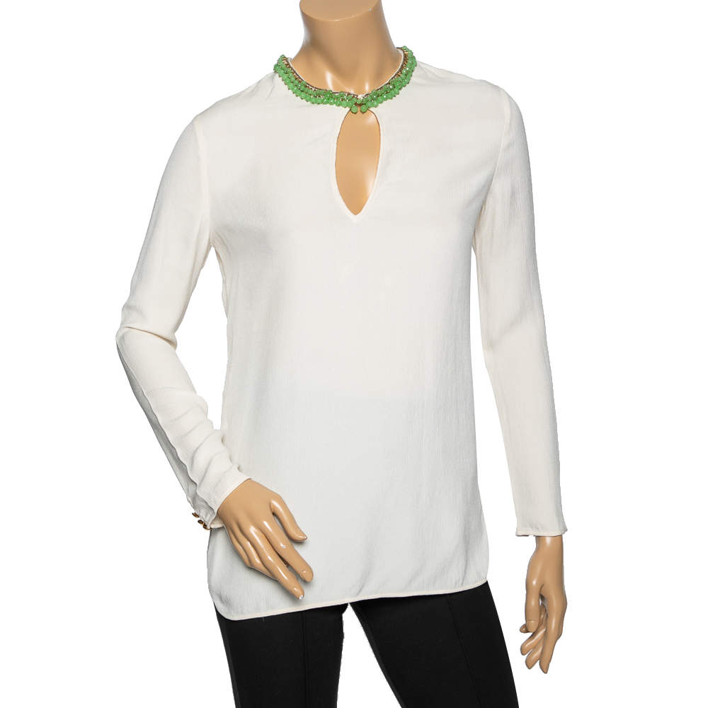 Gucci Cream Crinkled Silk Bead Embellished Long Sleeve Blouse S