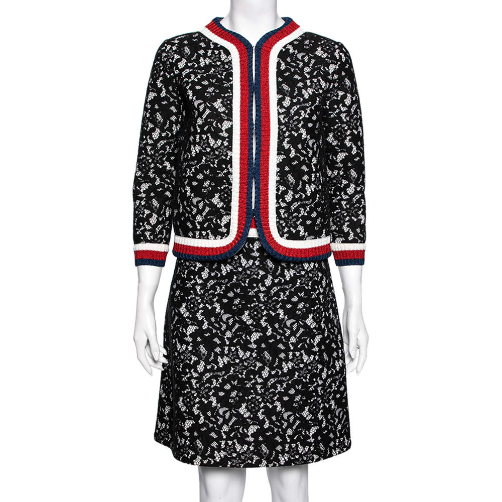 Gucci Black Lace Web Stripe Trimmed Scuba Sartorial Jacket & Skirt Set S/M