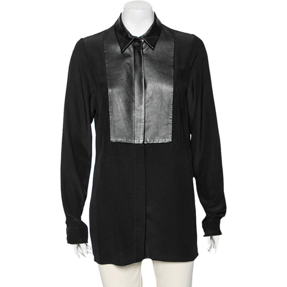 Pre Owned Gucci Black Silk & Leather Paneled Button Front Shirt M