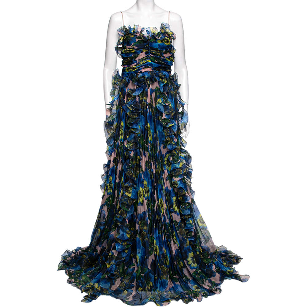 Pre Owned Gucci Blue Violet Printed Silk Organza Ruffle Trimmed Plisse Maxi Dress M