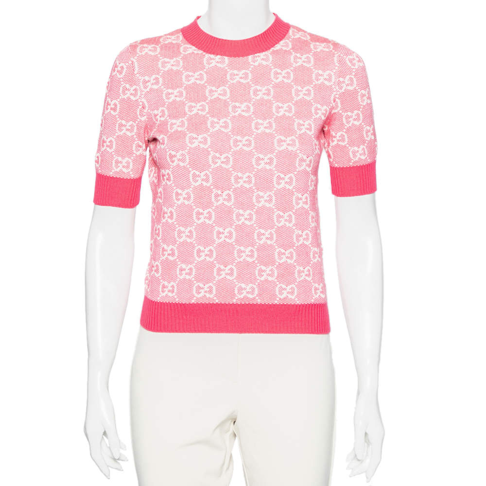 Pre Owned Gucci Pink Logo Jacquard Wool & Silk Sweater XS