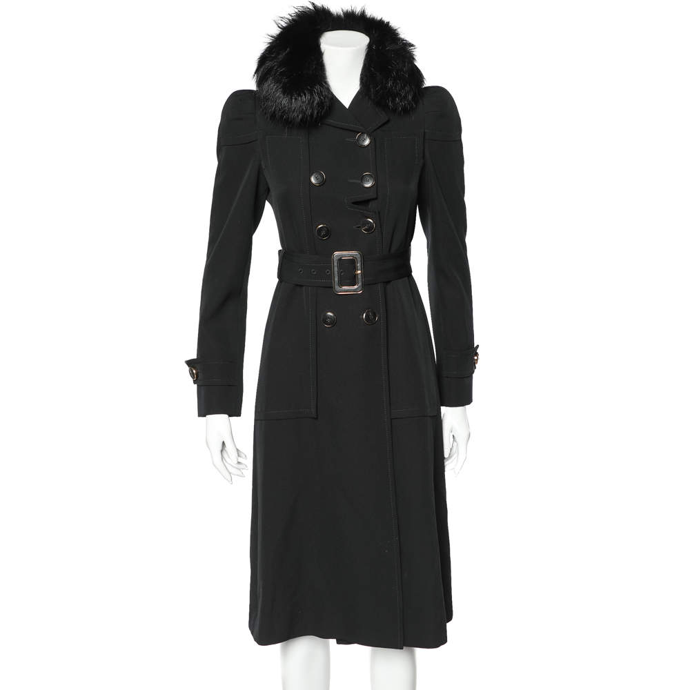 Pre Owned Gucci Black Wool Crepe fur Collar Detail Belted trench Coat S