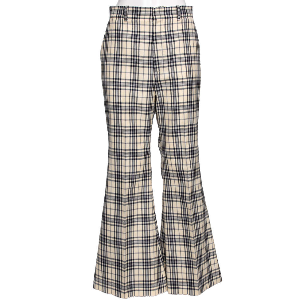 Pre Owned Gucci Beige/Blue Check Print Tweed Flared Trousers M