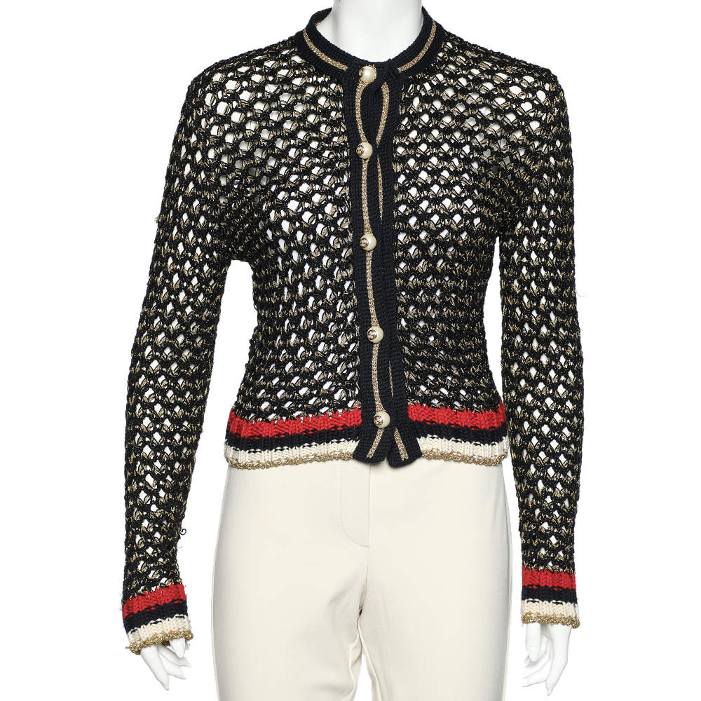 Pre Owned Gucci Black Lurex Knit Button Detail Cardigan S