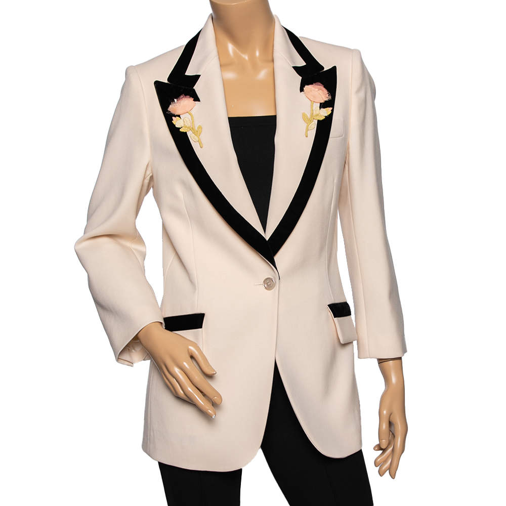 Pre Owned Gucci Light Beige Wool Rose Applique Detailed Single Breasted Blazer M
