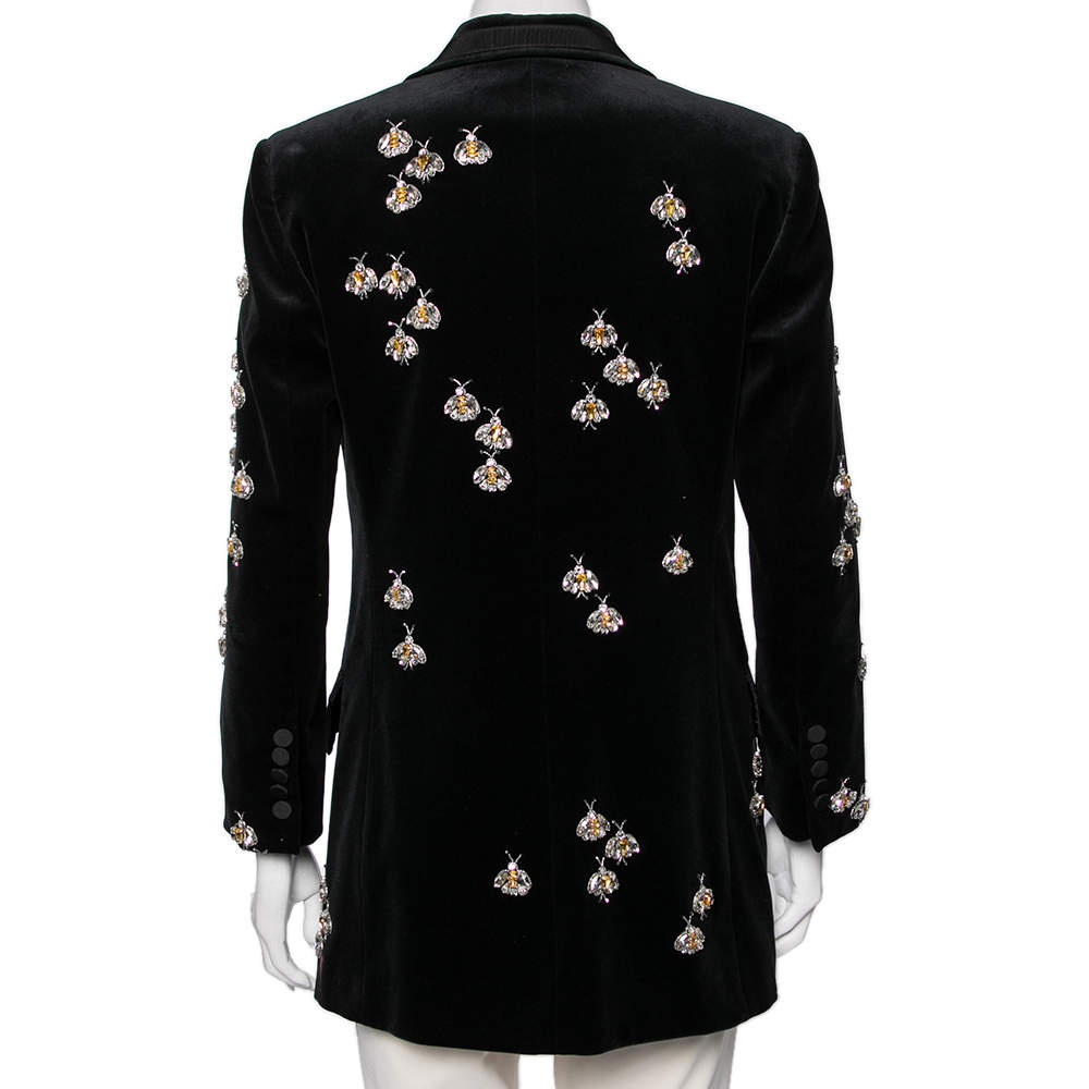 Gucci Black Velvet Crystal Bee Embellished Single Breasted Blazer M Gucci TLC